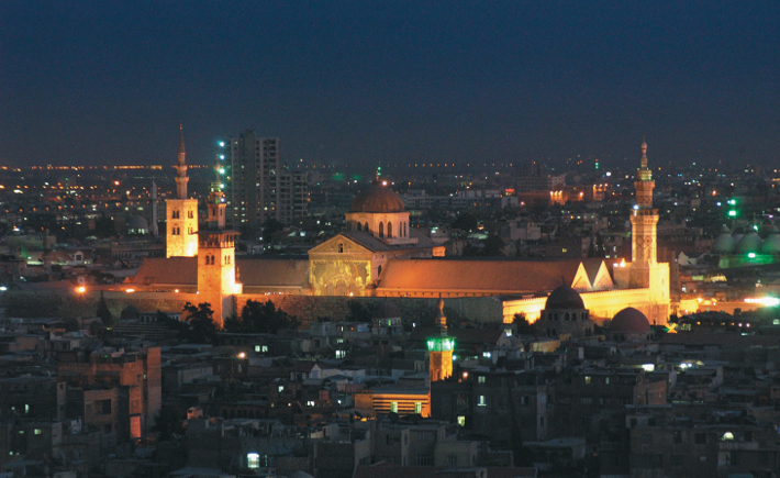 Night-time view of the Umayyad Mosque in Damascus.